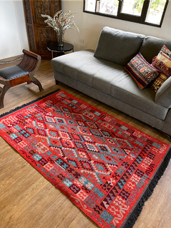 Tapete Kilim Diseño Antep 120x180 cm - Kayi Turquesa con naranja APM79500 - comprar online