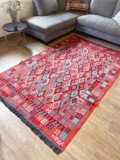 Tapete Kilim Diseño Antep 250x160 cm - Kayi turquesa con naranja APM189600