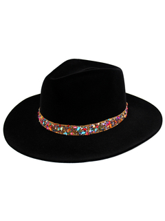 Kit chapéu Fedora Aveludado Preto aba 8cm com 3 faixas de pedras - 47025 - comprar online