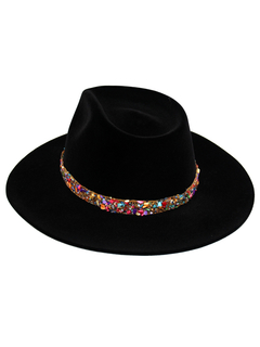Kit chapéu Fedora Aveludado Preto aba 8cm com 3 faixas de pedras - 47023