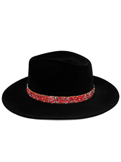 Kit chapéu Fedora Aveludado Preto aba 8cm com 3 faixas de pedras - 47023 na internet
