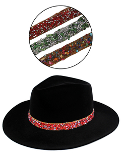 Kit chapéu Fedora Aveludado Preto aba 8cm com 3 faixas de pedras - 47023