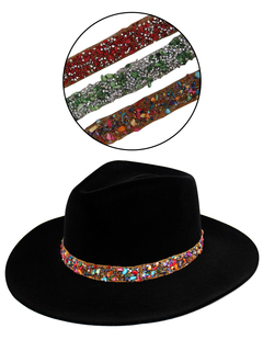 Kit chapéu Fedora Aveludado Preto aba 8cm com 3 faixas de pedras - 47025