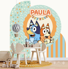 Banner Imprimible circular Bluey celeste y fundas para mesas cilindricas o paneles