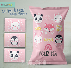 Chip Bags Modelo animalitos rosa 3 + etiqueta chocolatines