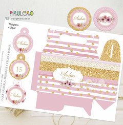 Kit imprimible Shabby Chic Rosa, Blanco y Dorado - tienda online