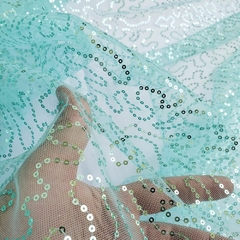 Tecido Tule Bordado com Paetê Caminho sem fim Verde Tiffany - loja online