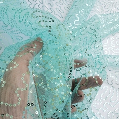 Tecido Tule Bordado com Paetê Caminho sem fim Verde Tiffany - Tecidos Baratos - Compre e receba em casa.