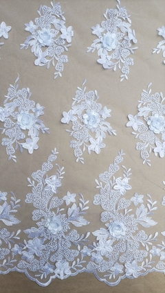 Tecido Tule Bordado 3D Floral com Pérolas Branco 02 na internet