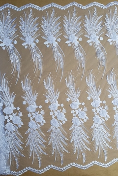 Tecido Tule Bordado 3D Floral com Pérolas Branco 01 - loja online