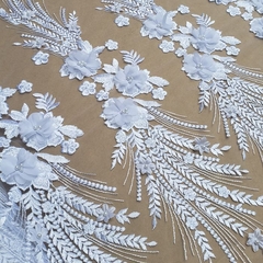 Tecido Tule Bordado 3D Floral com Pérolas Branco 01