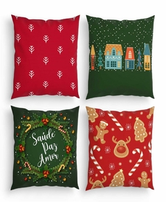 Kit 4 Capas de Almofadas Decorativas Natal Vermelha e Verde