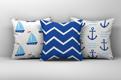 Kit 3 Capas de Almofadas Decorativas Infantil Ancora e Barco Azul Escuro e Branco 007