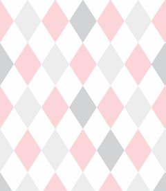 Papel de Parede Losângulos Rosa, Cinza e Branco