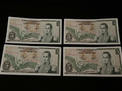 Billete de cinco pesos -Banco de la república - 4 billetes Serie Consecutiva ( perfecto estado) coleccionables Año 1.978