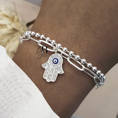 PU 439 - Pulsera doble mano fatima cubics ojo azul (ACERO BLANCO)