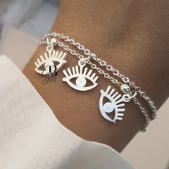 PU 491 - Pulsera dijes y bolitas ROSA (ACERO BLANCO)