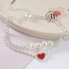 PU 773 - Pulsera doble corazon ROJO y perlas (ACERO BLANCO) - comprar online