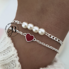 PU 773 - Pulsera doble corazon ROJO y perlas (ACERO BLANCO)