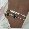 PU 774 - Pulsera doble corazon NEGRO y perlas (ACERO BLANCO)