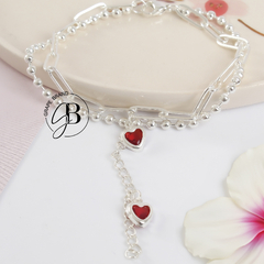 PU 800 - Pulsera doble corazones ROJO (ACERO BLANCO)