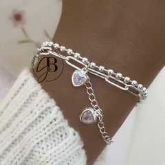 PU 801 - Pulsera doble corazones CRISTAL (ACERO BLANCO)