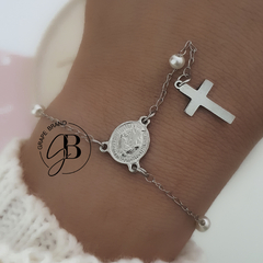 PU 816 - Pulsera rosario con perlas (ACERO QUIRURGICO)