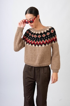 sweater Bayo camel con rojo LLAMA - PRE ORDER . entregas psra JUNIO