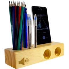Suporte de mesa para canetas, celular em madeira com alto falantes. - loja online