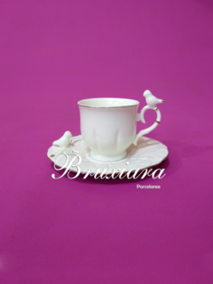 Xicara de café c/pires Passarinho - Bruxiara Porcelanas