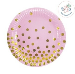 PLATO DE POLIPAPEL 17 cm ROSA LUNARES DORADOS x 6 u