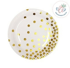 PLATO DE POLIPAPEL 17 cm BLANCO LUNARES DORADOS x 6 u