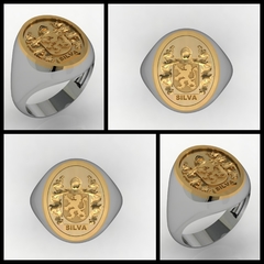 Anel brasão de armas da família silva em prata de lei com ouro 18k