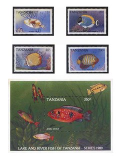 SELO FAUNA TANZANIA PEIXES 1989 4 VALORES E 1 BLOCO - comprar online