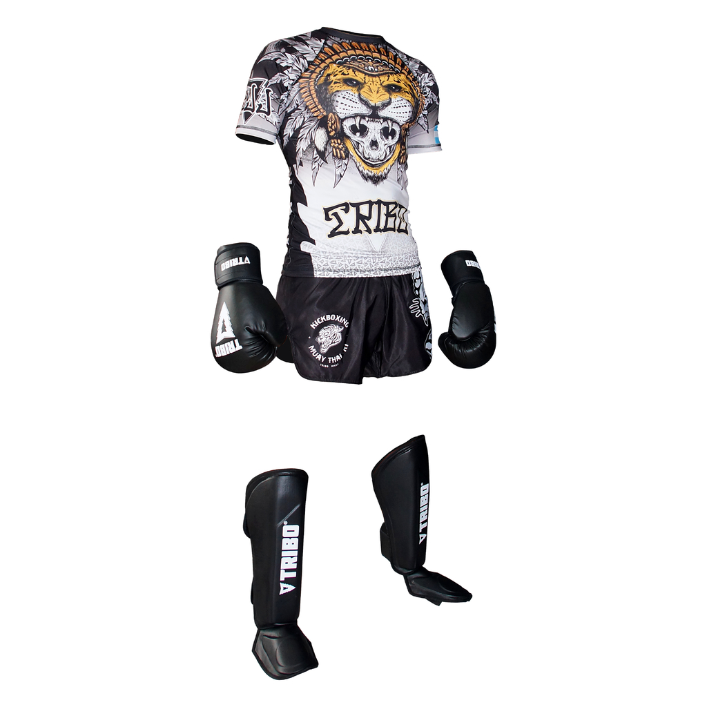 Combo, rashguard manga corta (remera de compresión), short de kick boxing,  protectores tibiales y guantes 14OZ.