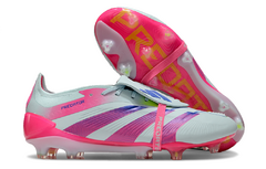 Chuteira campo Adidas Predator Elite Tongue na cor cinza e rosa, com detalhes coloridos e solado para gramado.