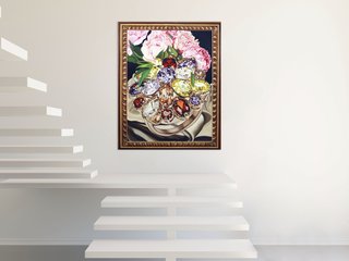 Cynthia Cohen. Flores y piedras con marco rococó, 160 x 130 cm