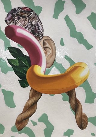 Cynthia Cohen. Collage con plumas, 120 x 60 cm