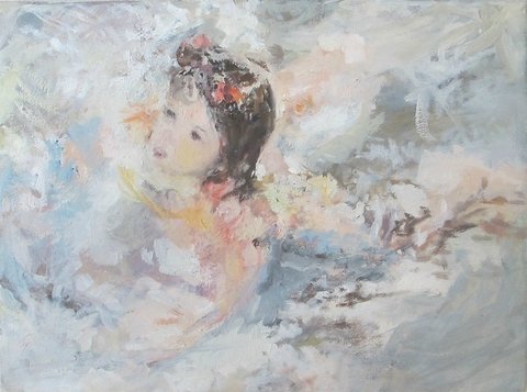 Valeria Poggio. Niña en el agua con moños, 13x18cm.