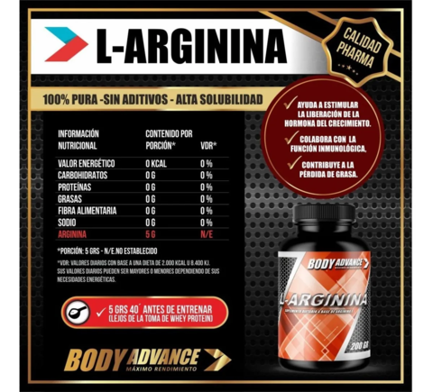 L-arginina 200 Gr Oxido Nítrico - Body Advance - comprar online