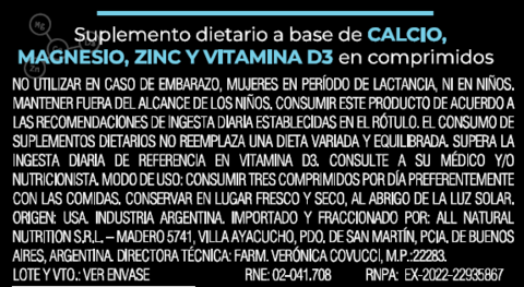 CMZ Calcio + Magnesio + Zinc + D3 60 Comprimidos - Natural Nutrition - tienda online