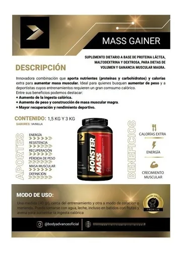 Monster Mass Gainer Ganador De Peso 1,5 Kg - Body Advance en internet