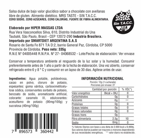 Salsa sabor chocolate con avellanas zero calorías - MRS TASTE - comprar online