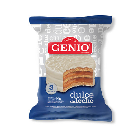 ALFAJOR GENIO TRIPLE DE CHOCOLATE BLANCO. POR UNIDAD, POR DOS UNIDADES, CAJA DE 24 UNIDADES