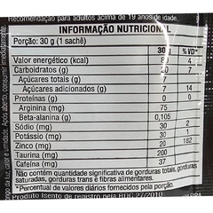 Informações nutricionais do suplemento alimentar Xtreme Energy Gel sabor banana da Black Skull, destacando valores como calorias, carboidratos e proteínas.