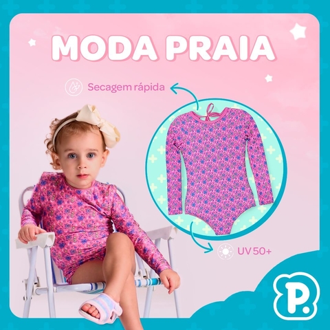 Maiô Infantil Manga Longa Play UV 50+ Rosa flores Pimpolho