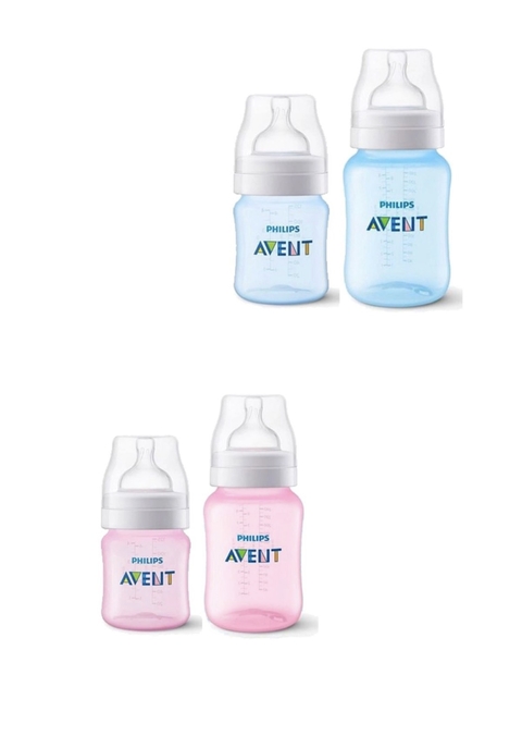 Kit com 2 Mamadeiras Anti-Colic Classic 125 e 260ml + 1 Bico Extra - Philips Avent (ROSA, AZUL ou TRANSPARENTE)