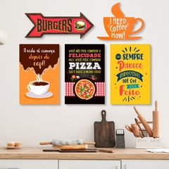 Kit 5 Placas Decorativas Cozinha Lanches Frases Café Seta