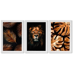 Kit 3 Placas Decorativas Leão Gold Animais - Art Print Decorações