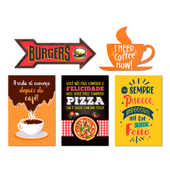 Kit 5 Placas Decorativas Cozinha Lanches Frases Café Seta - comprar online